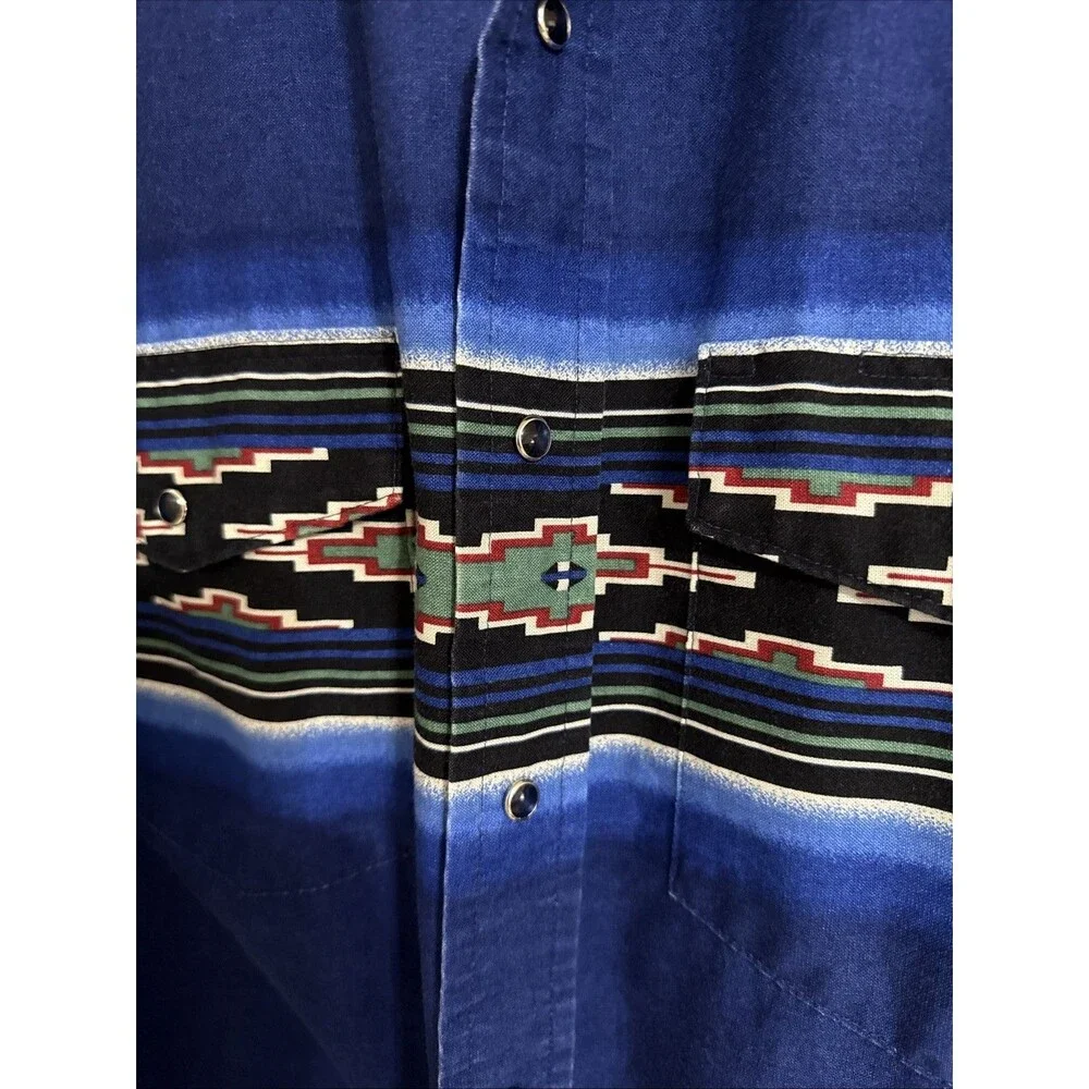 Wrangler Pearl Snap Western Shirt XL Cowboy Rodeo Aztec Southwestern Blue Vtg - Picture 6 of 9